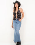Artemis Vintage |Denim Maxi Skirt Frayed Waistband w/ Slit Detail - My Pampered Life Seattle