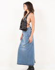 Artemis Vintage |Denim Maxi Skirt Frayed Waistband w/ Slit Detail - My Pampered Life Seattle