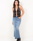Artemis Vintage |Denim Maxi Skirt Frayed Waistband w/ Slit Detail - My Pampered Life Seattle