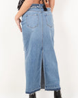 Artemis Vintage |Denim Maxi Skirt Frayed Waistband w/ Slit Detail - My Pampered Life Seattle