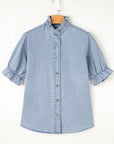 Chambray Ruffle Short Puff Sleeve Buttoned Shirt