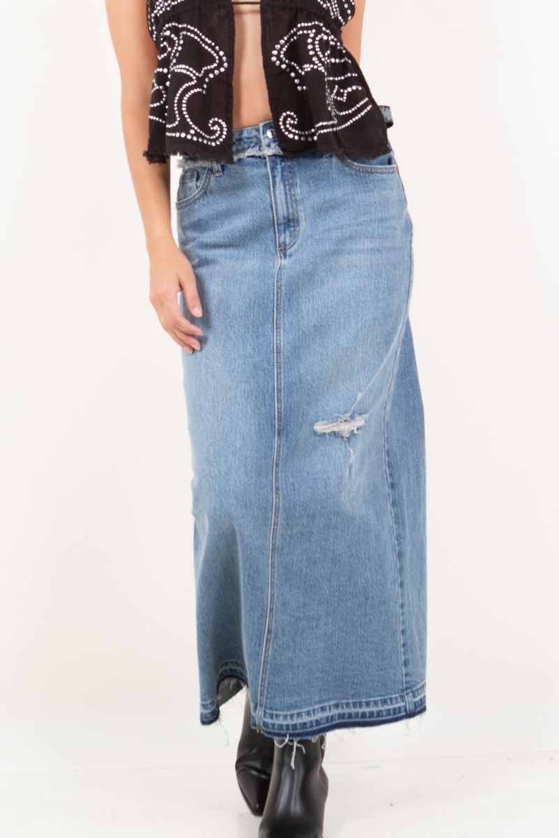 Artemis Vintage |Denim Maxi Skirt Frayed Waistband w/ Slit Detail