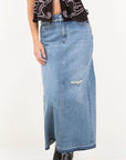 Artemis Vintage |Denim Maxi Skirt Frayed Waistband w/ Slit Detail - My Pampered Life Seattle