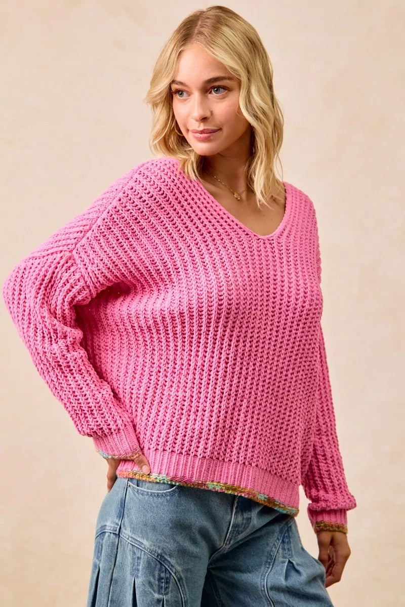 BiBi V-Neck Sweater with Colorful Trim