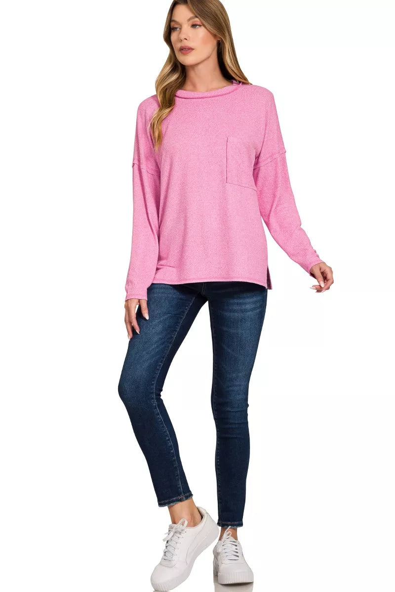 Zenana Soft Melange Hacci Round-Neck Long Sleeve T-Shirt in Pink