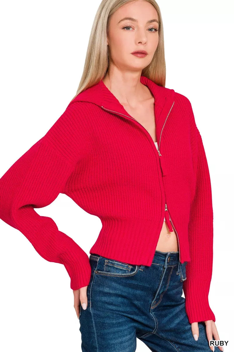 Zenana Ribbed Collared Zip Up Sweater Cardigan in Ruby