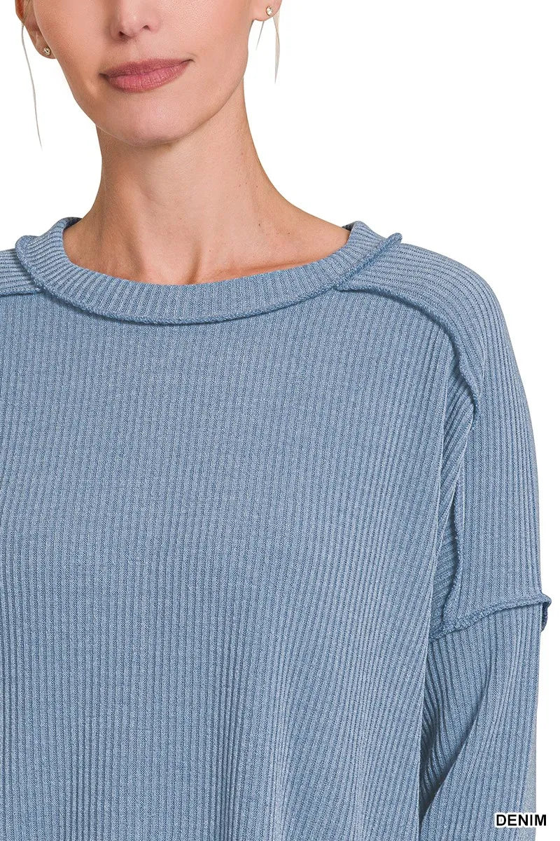 Zenana Ribbed Drop Shoulder Round Neck Sweater in Denim