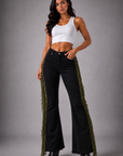 GJG Denim Texas Sun Bell Bottom Jeans — Black with Olive Fringe