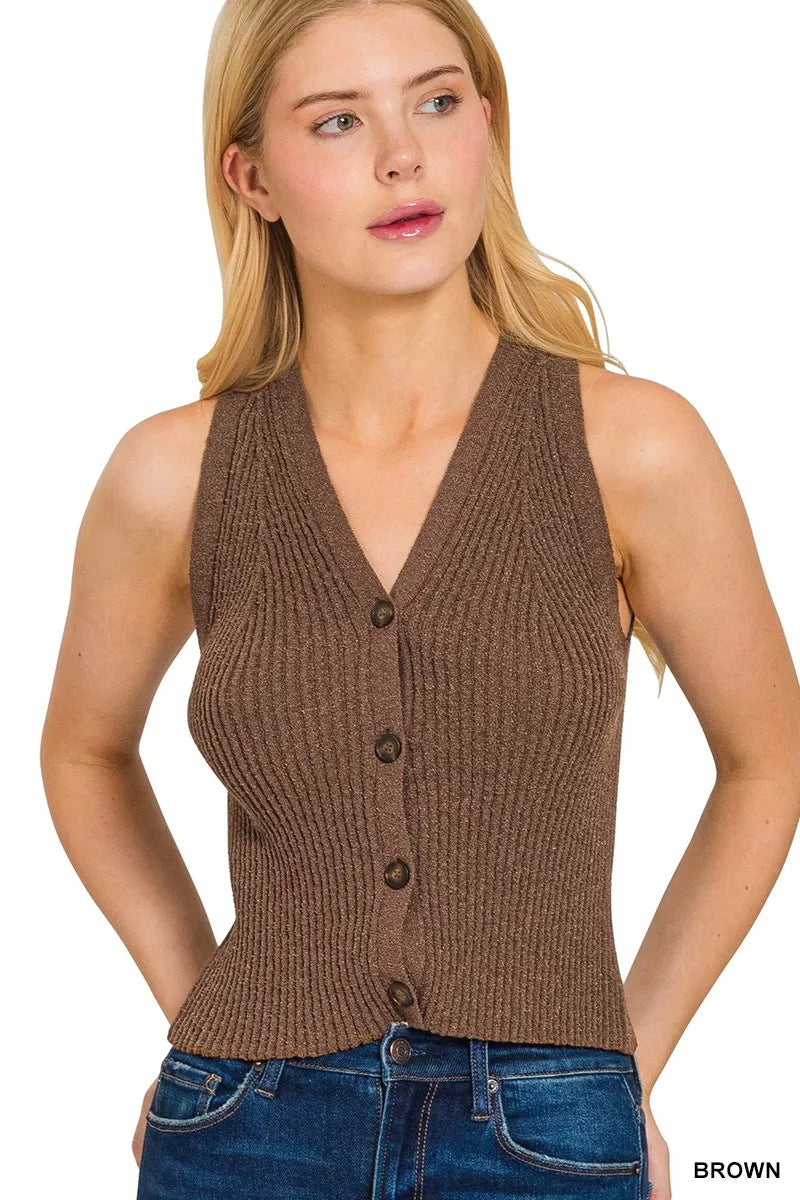 Zenana Ribbed Knit Button-Down Sweater Vest in Brown
