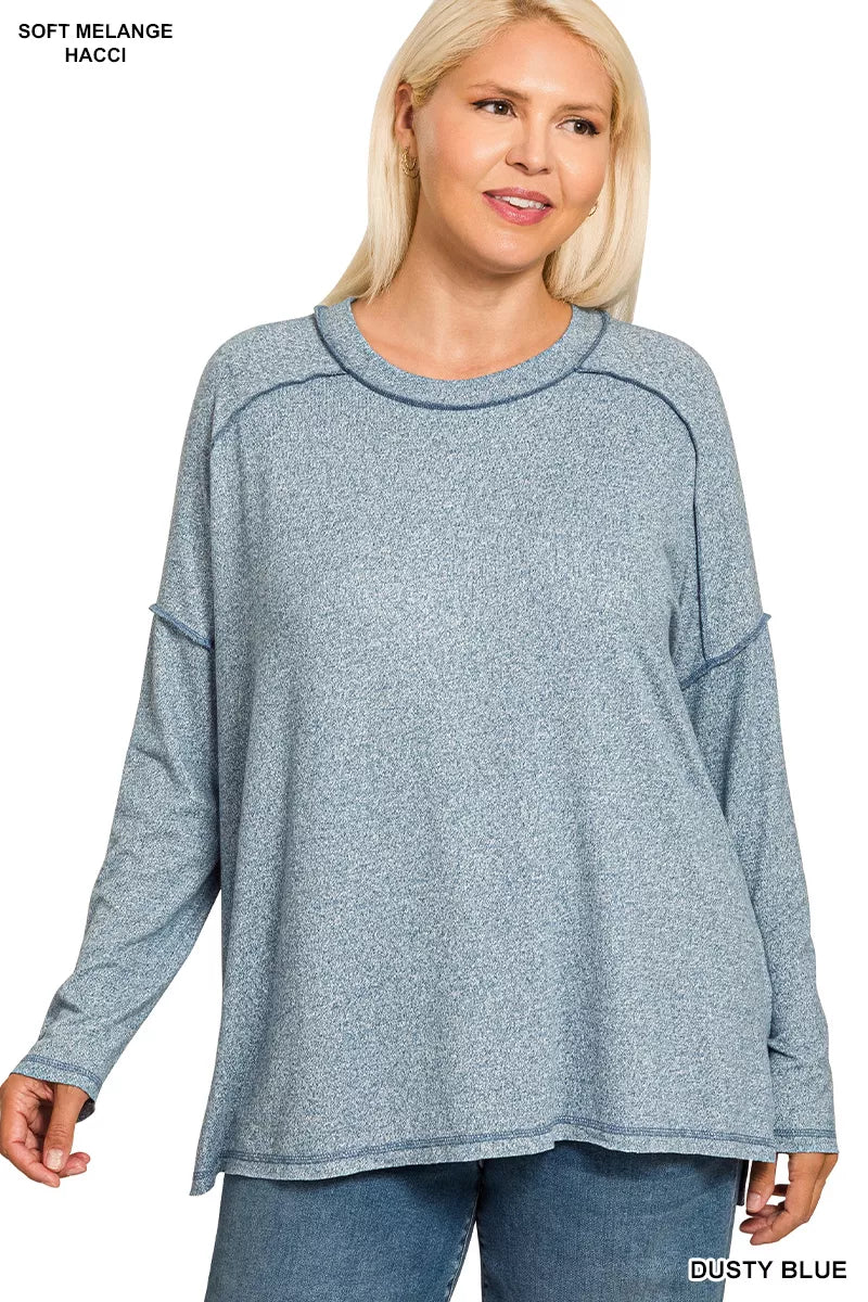 Zenana Full Size Melange Hacci Exposed Seam Hi-low Tee Plus Size in Blue