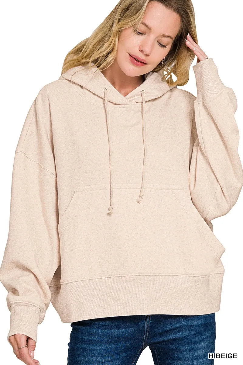 Zenana Oversized Fleece Kangaroo Pocket Hoodie in Beige