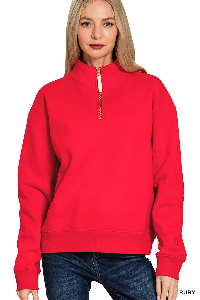 Zenana Fleece Half Zip Sweatshirt in Ruby