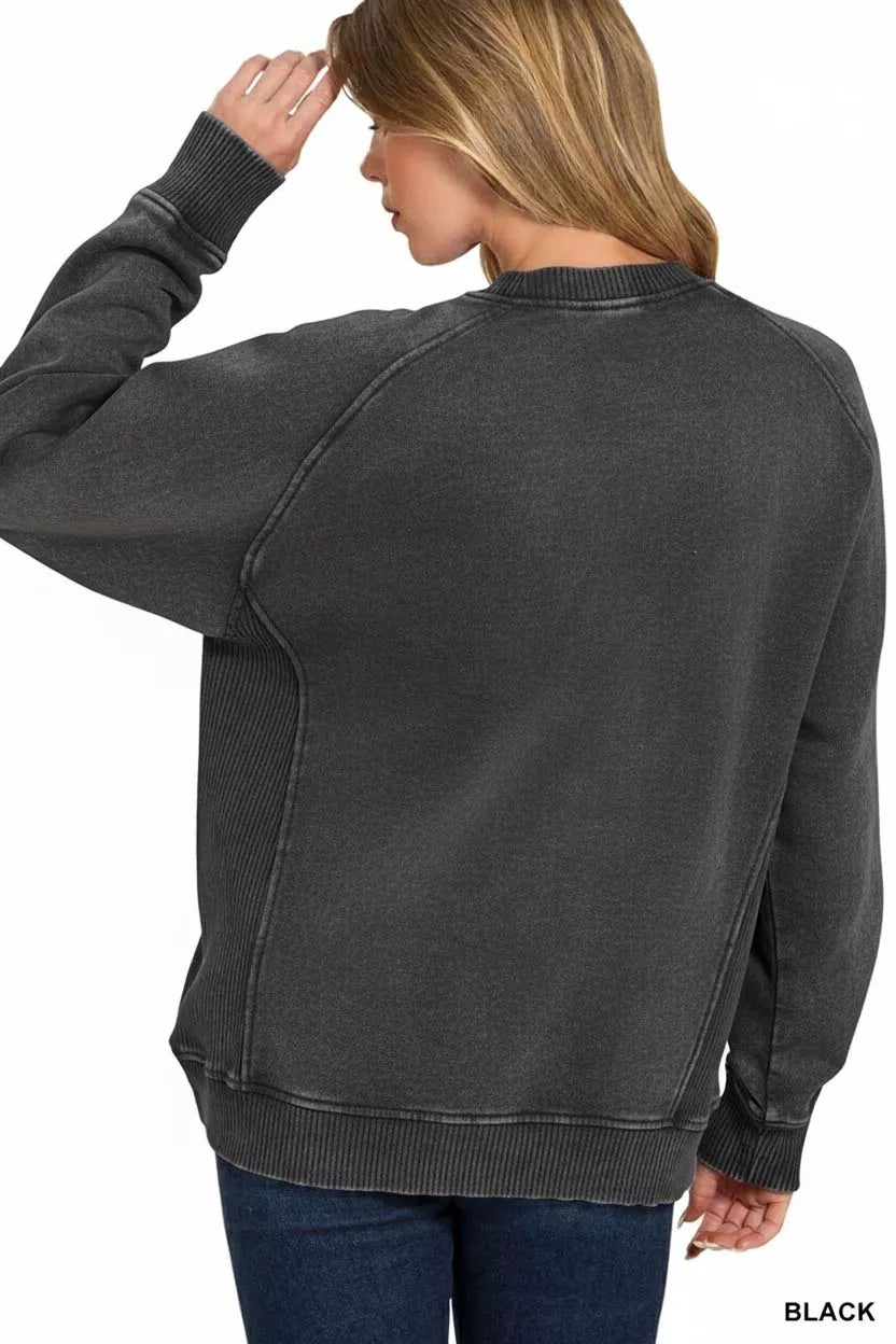 Zenana Acid Washed Fleece Sweatshirt with Side Rib in Black