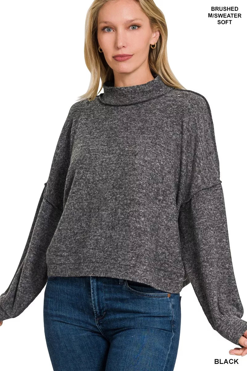Zenana Brushed Melange Hacci Cropped Sweater in Black