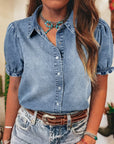 Denim Frilled Short Sleeve Snap Button Shirt