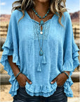 Women's Boho V-Neck Lace-Up Ruffle Sleeve Blouse – Lace Trim