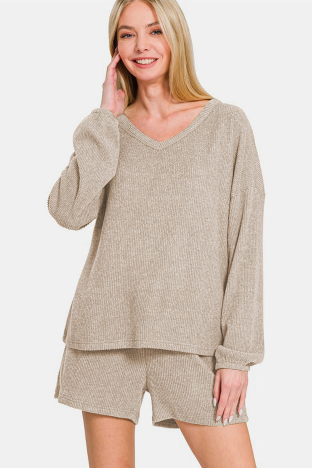Zenana V-Neck Long Sleeve Ribbed Top and Shorts Set in Khaki