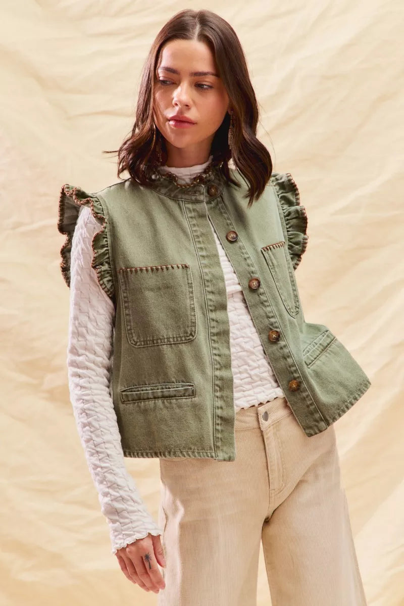 SO ME Washed Denim Stitch Ruffled Hidden Button Vest Top