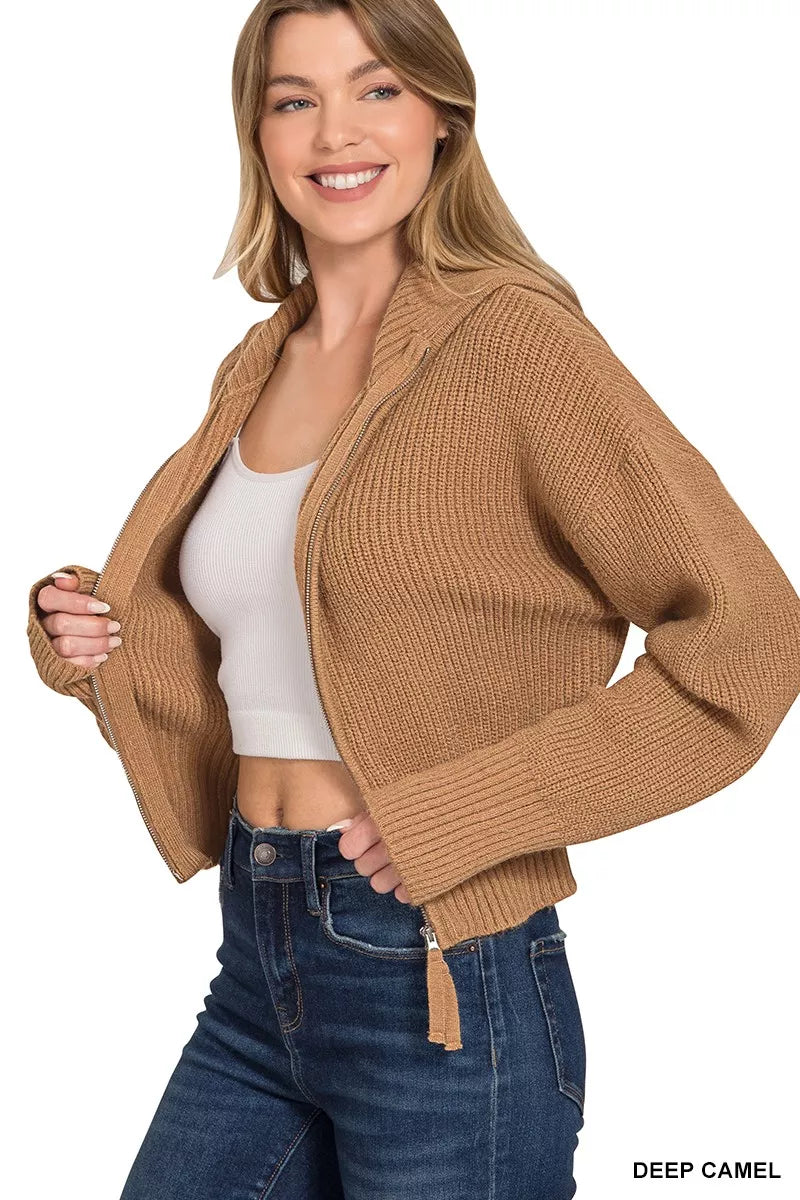 Zenana Ribbed Collared Zip Up Sweater Cardigan in Camel