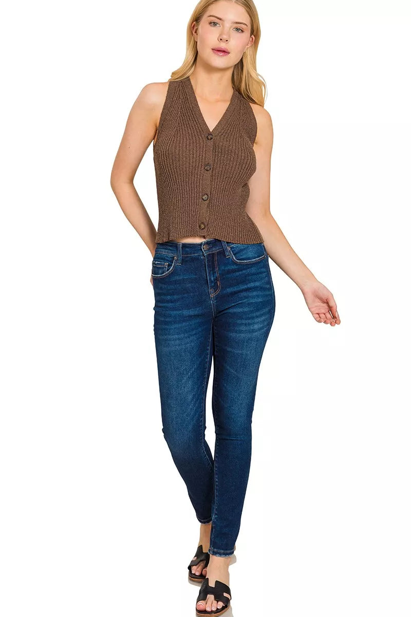 Zenana Ribbed Knit Button-Down Sweater Vest in Brown
