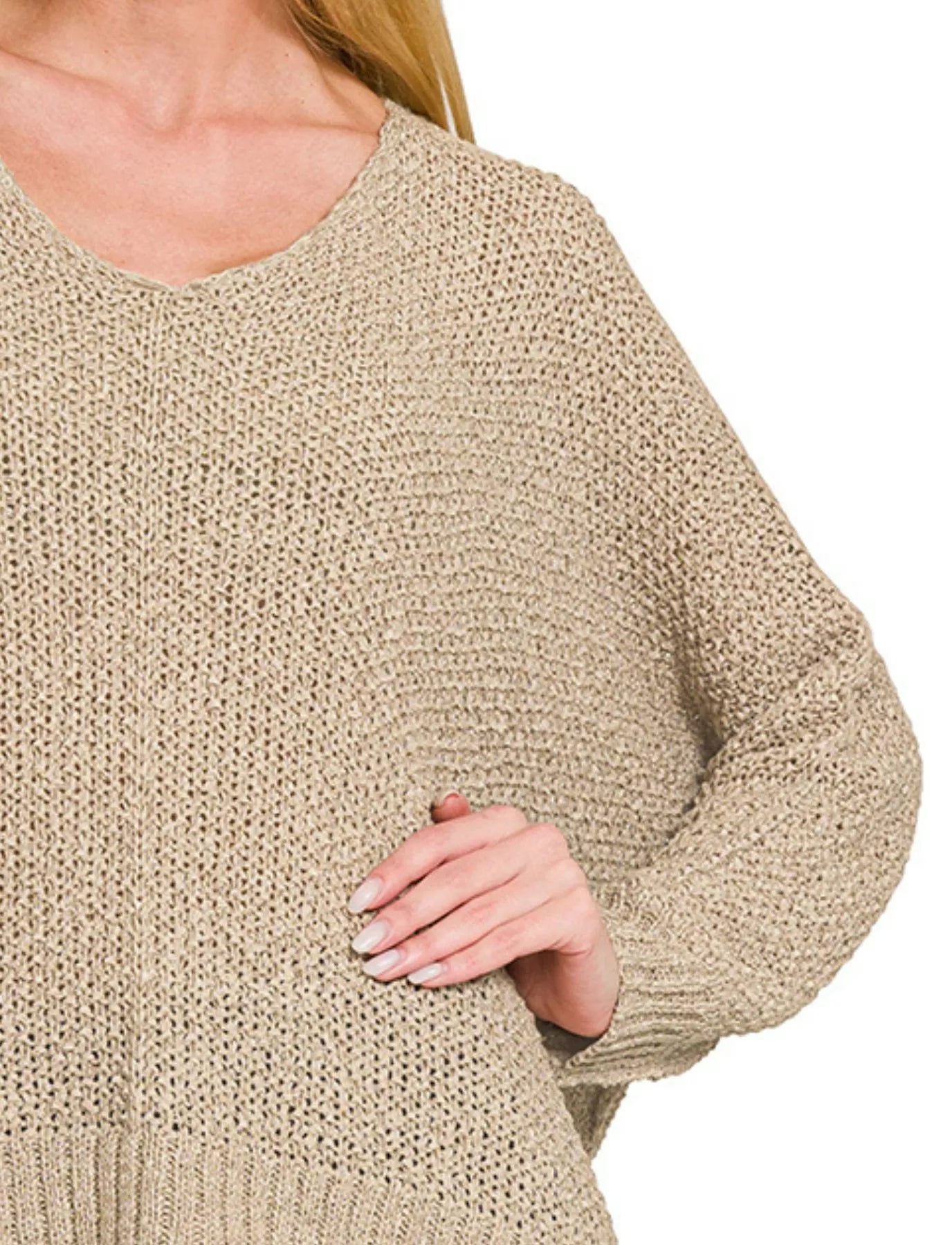 Zenana Dolman Sleeve V-Neck Sweater in Mocha