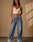 GJG Denim Silver Static Studded Wide-Leg Jeans — Medium Wash