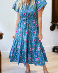 Floral Flutter Sleeve Tie Neck Belted Midi Dress