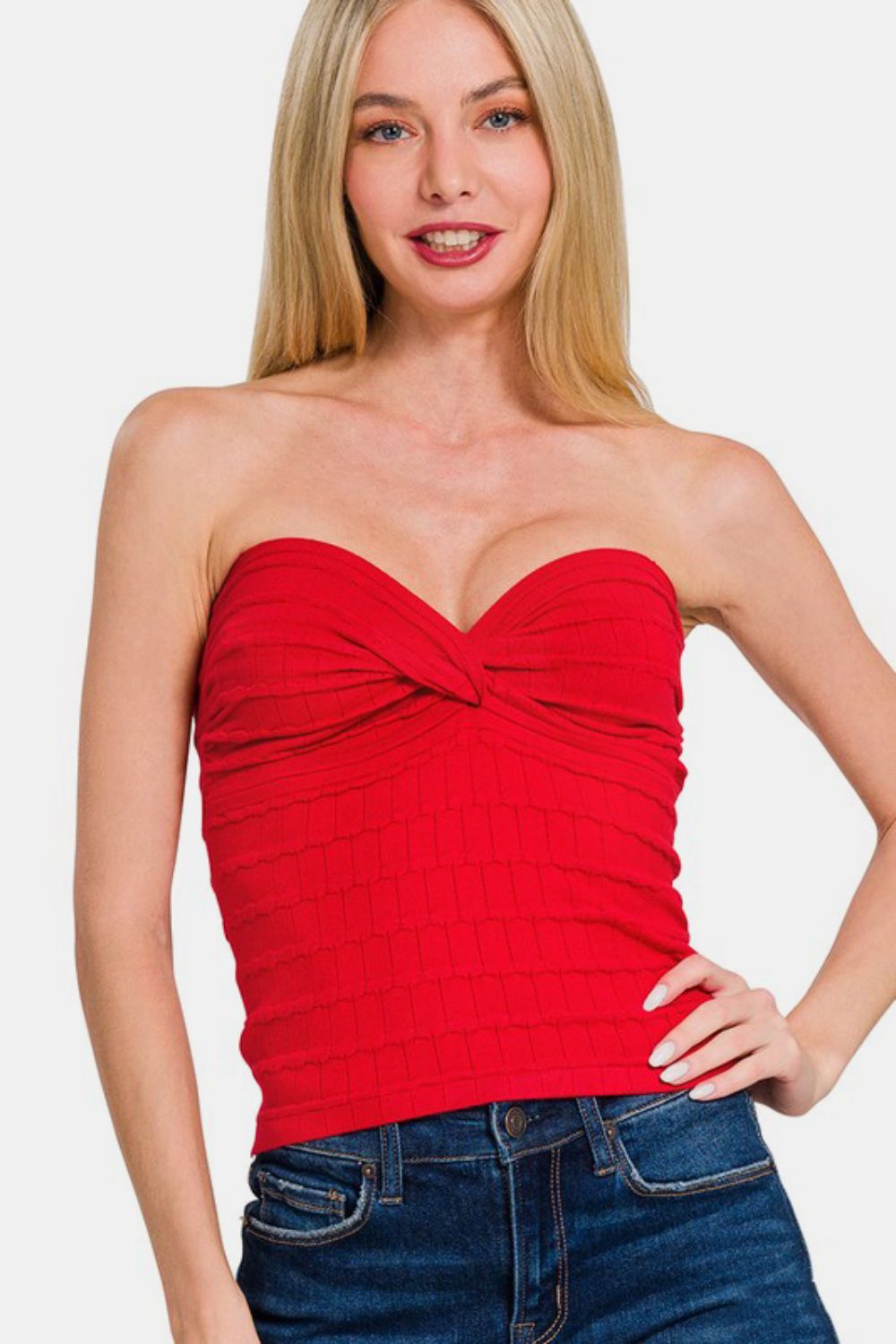 Zenana Ruched Twisted Sweetheart Neck Top in Red