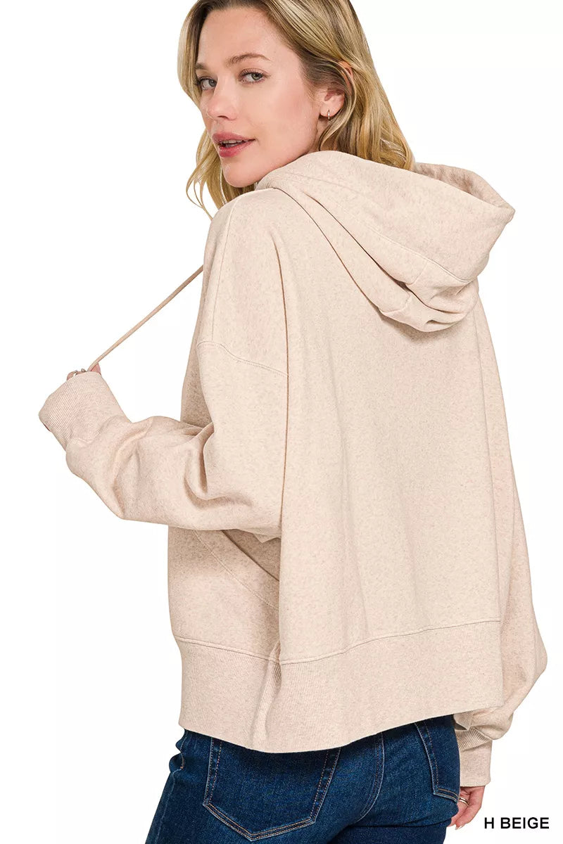 Zenana Oversized Fleece Kangaroo Pocket Hoodie in Beige