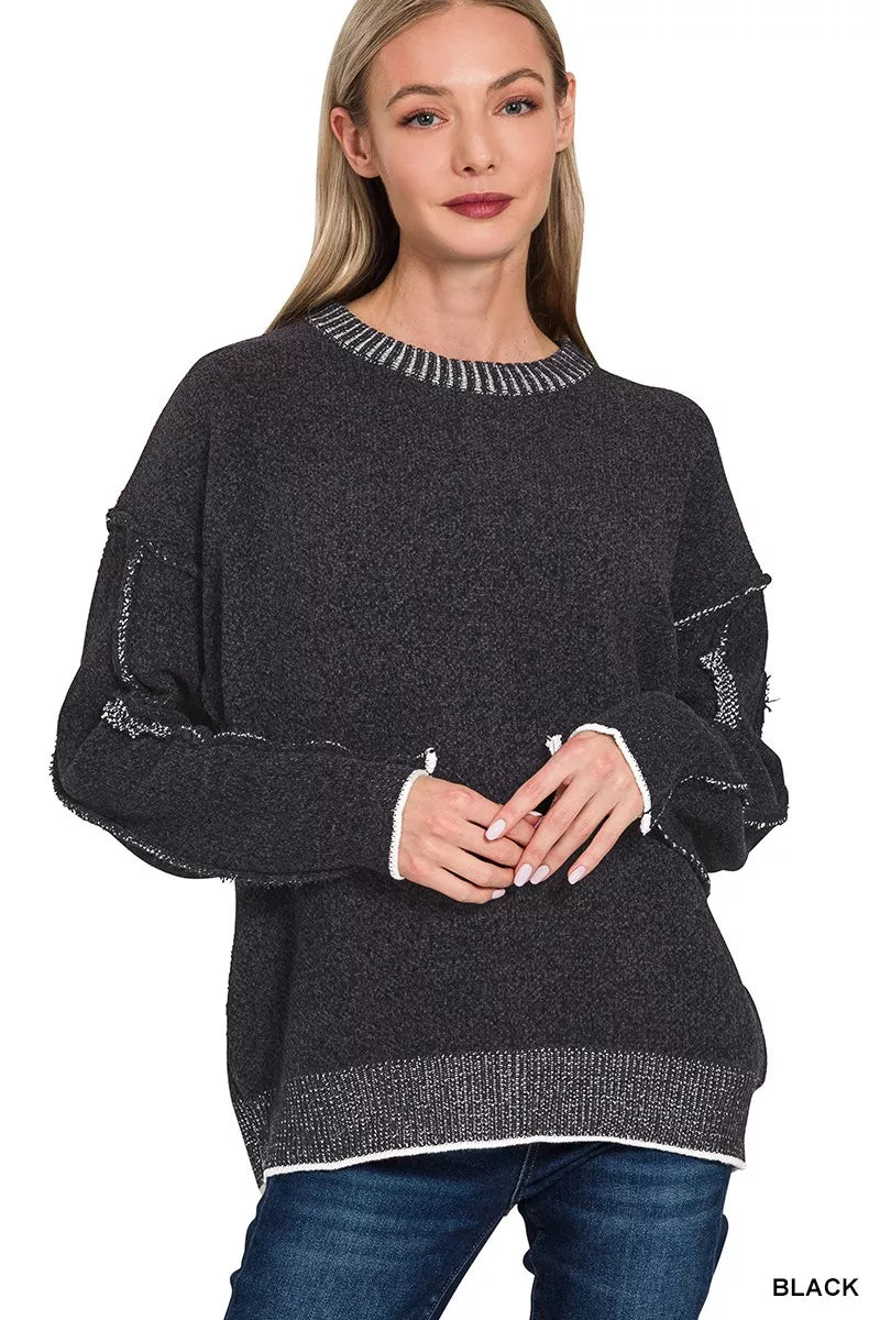 Zenana Exposed Seam Round Neck Two-Tone Sweater in Black