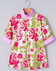 Floral Stripe Trim Frilled Collar Short Sleeve Shirt