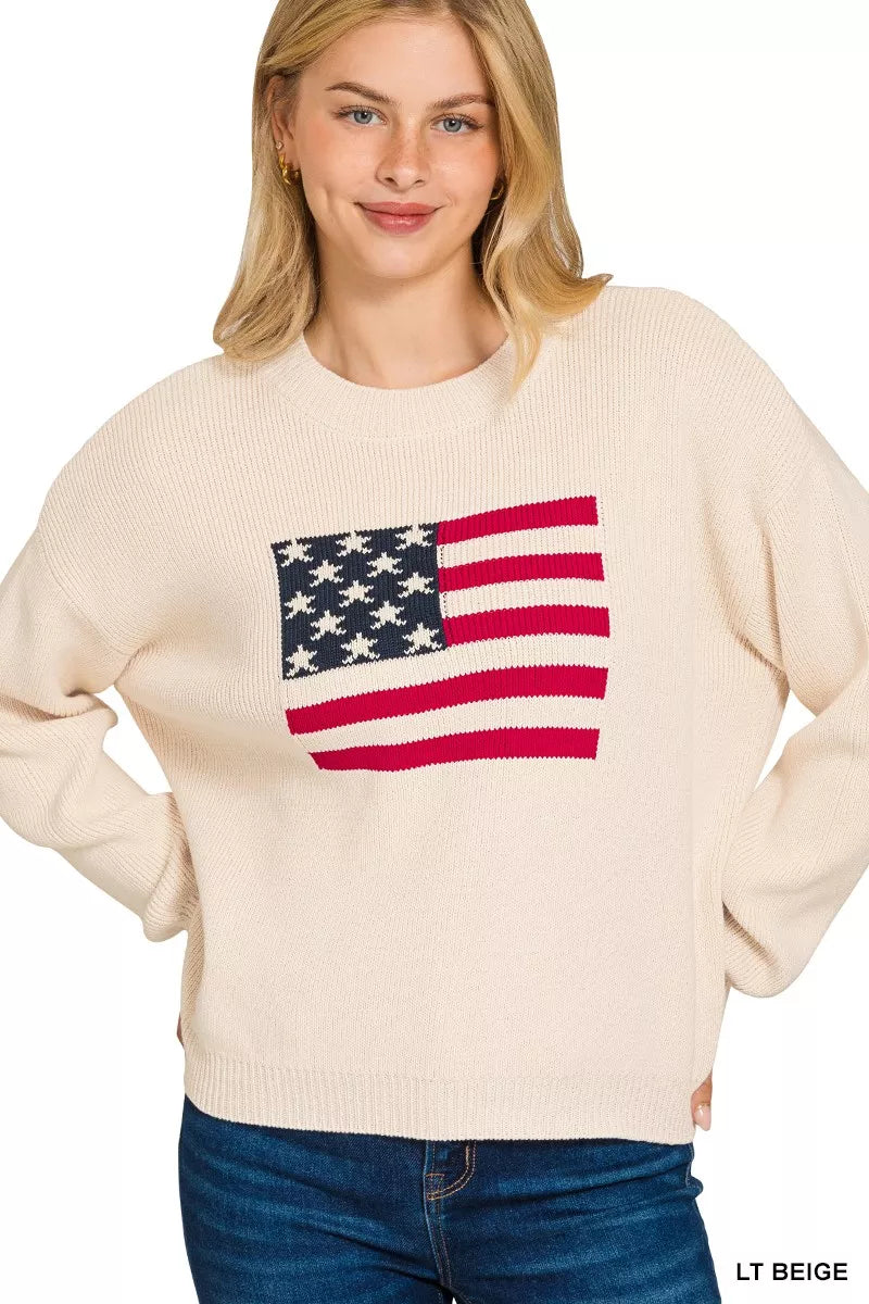 Zenana American Flag Crew Neck Sweater in Beige