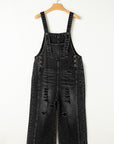 Solid Denim Distressed Bib Pocket Wide Leg Overall