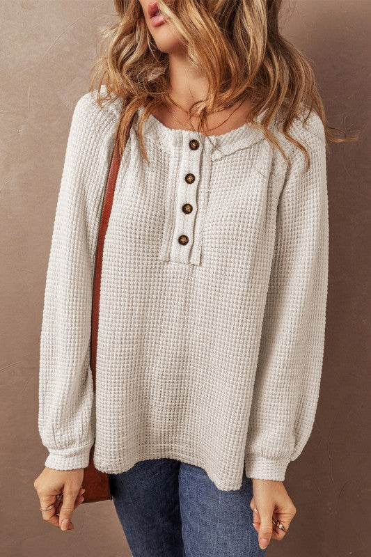 Waffle Knit Buttoned Front Raglan Sleeve Blouse
