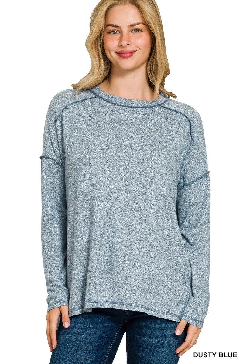 Zenana Full Size Melange Hacci Exposed Seam Hi-low Tee Plus Size in Blue