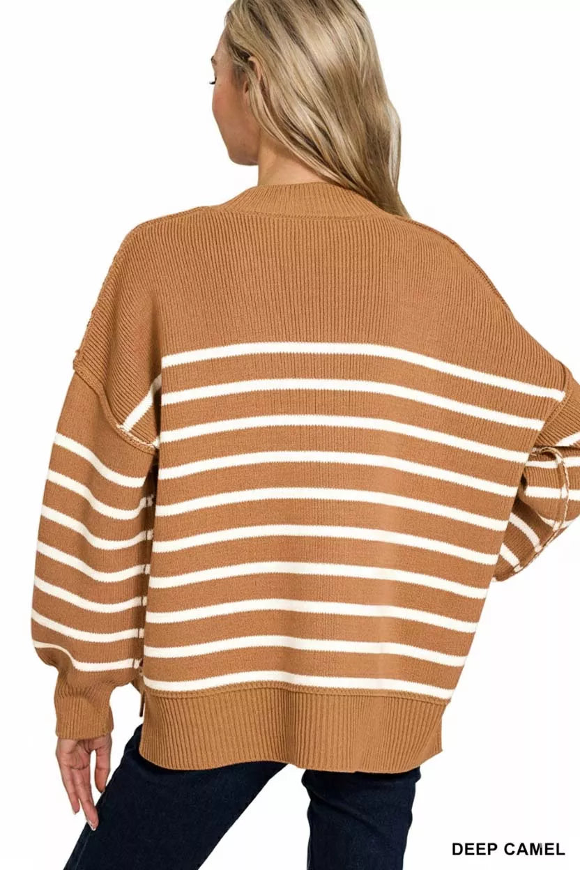 Zenana Exposed Seam Striped Oversized Sweater in Camel