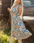 Floral Buttoned V-Neck Tie Waist Maxi Dress