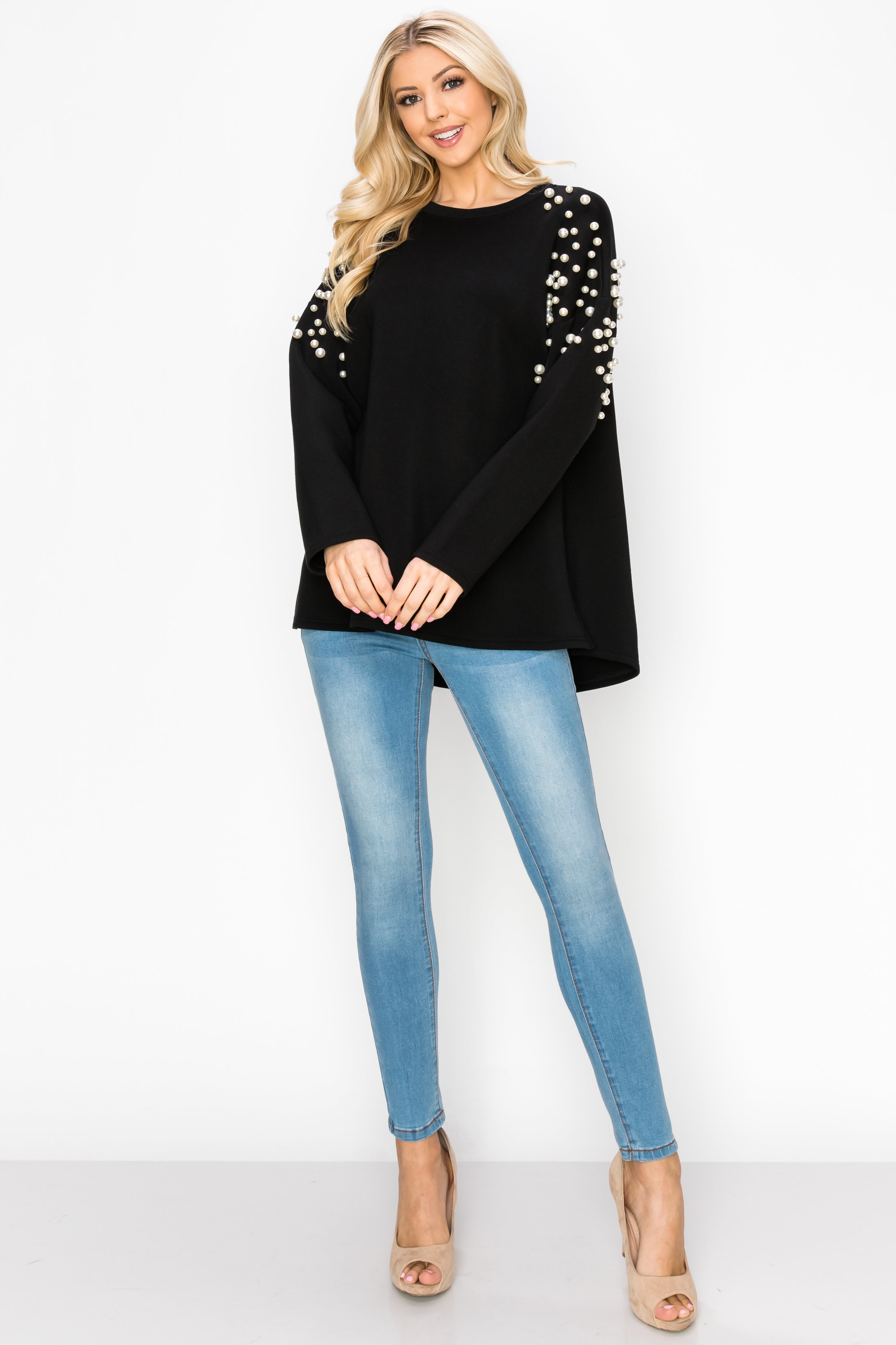 Fiona French Scuba Knit Pearl Hi-Low Top