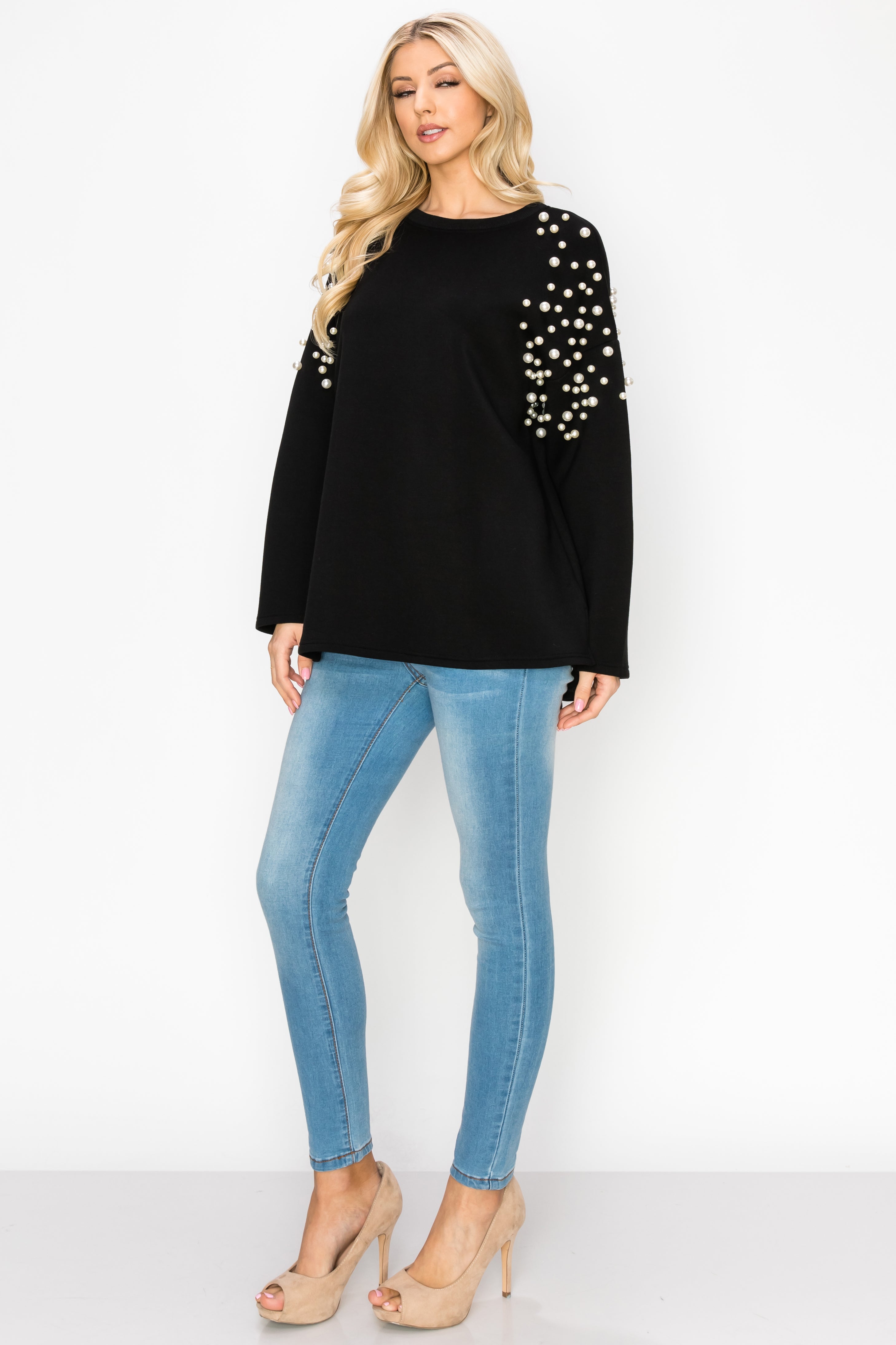 Fiona French Scuba Knit Pearl Hi-Low Top
