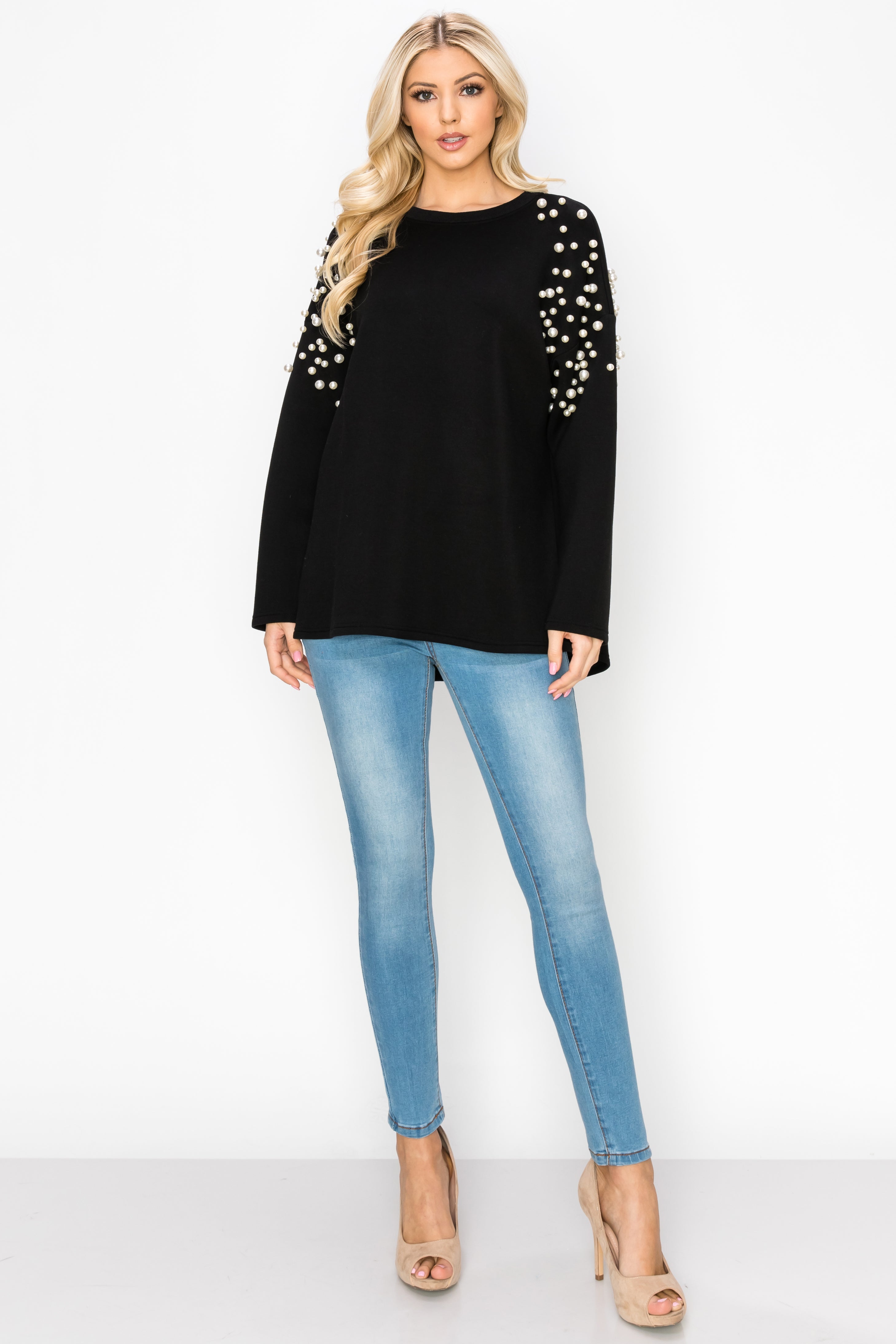 Fiona French Scuba Knit Pearl Hi-Low Top
