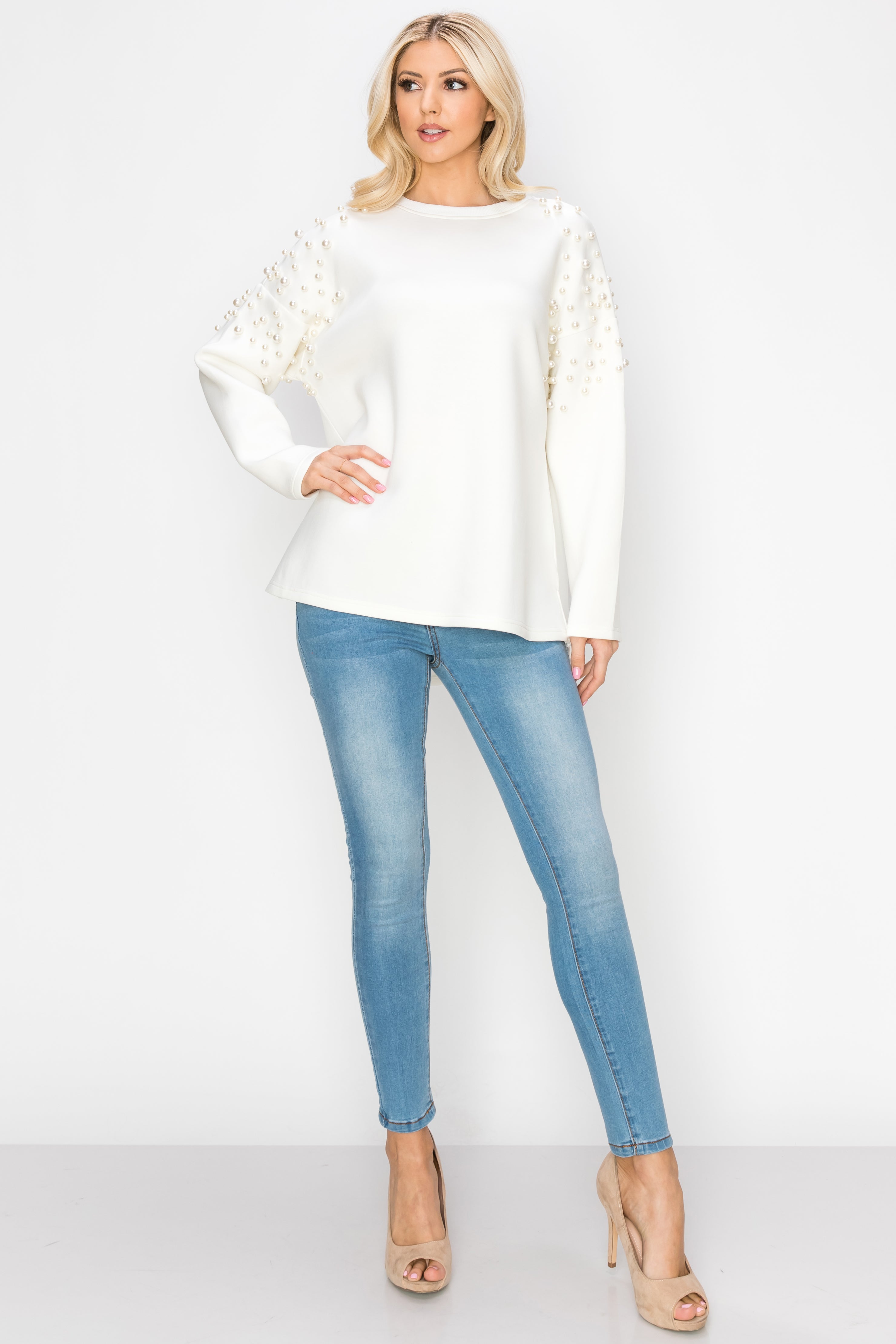 Fiona French Scuba Knit Pearl Hi-Low Top
