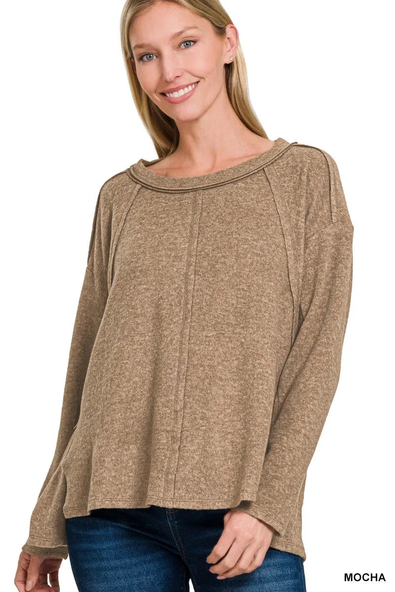 Zenana Brushed Hacci Exposed Seam Hi Low Sweater in Mocha