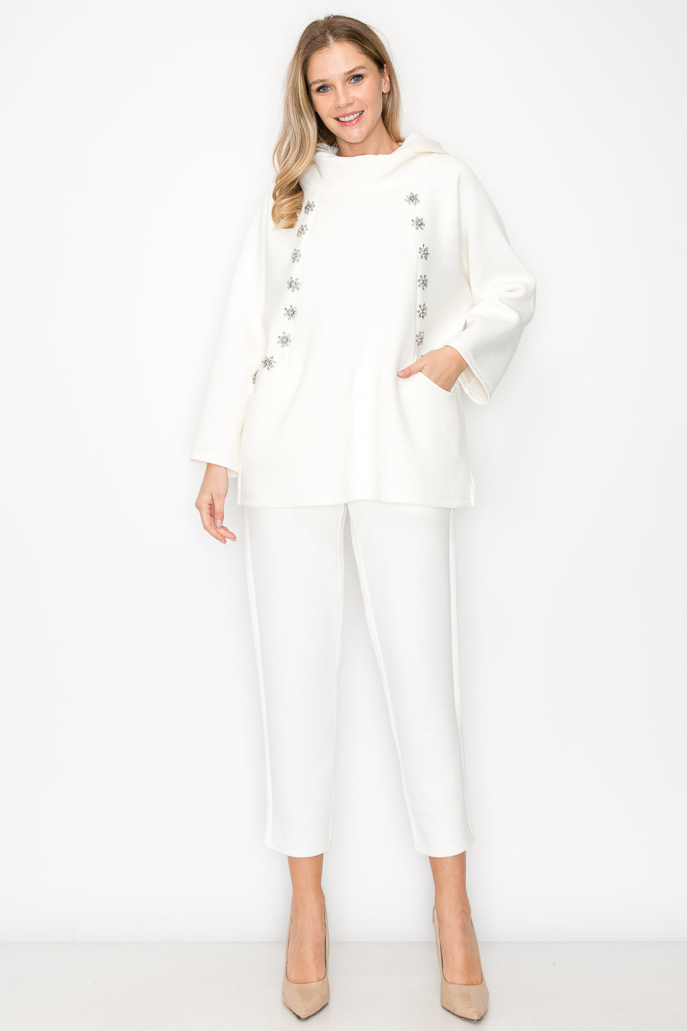 Frances Scuba Knit Hoodie Top with Diamond Studs