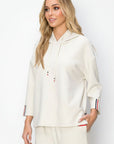JOH |Khloe Knit Crepe Hoodie Top with Contrast Stripes