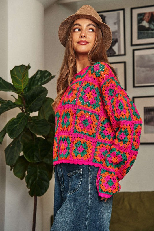Davi &amp; Dani Crochet Patchwork Round Neck Pullover Sweater Top