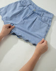 Solid Denim Scalloped Trim High Waist Shorts