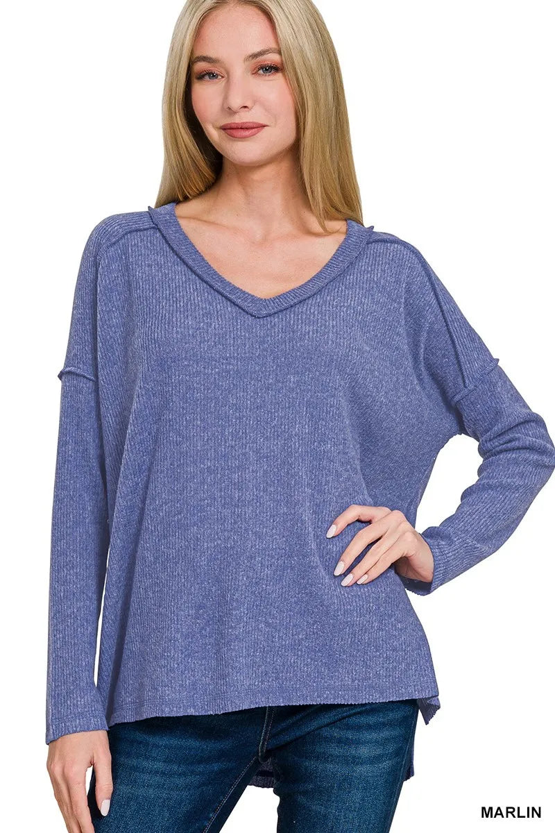 Zenana Full Size Brushed Ribbed Hacci Drop Shoulder V-Neck Sweater Plus Size in Marlin