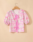Floral Ribbon Tie Front Puff Sleeve Blouse