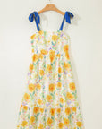 Floral Denim Tie Strap High Waist Maxi Dress