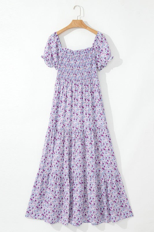 Floral Bubble Sleeve Shirred High Waist Maxi Dress